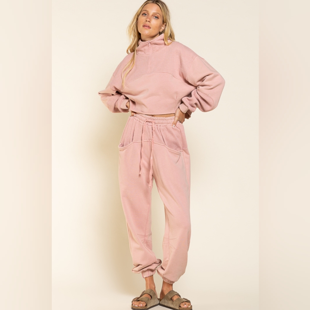 French Terry Thermal Mix Rose Quartz Crop Sweatshirt & Jogger - Rose - Picture 2 of 6